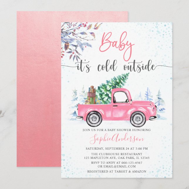 Pink Truck Baby Es ist kalte Outside Girl Baby Dus Einladung (Vorne/Hinten)