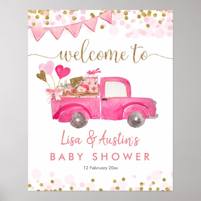 Pink Truck Drive Through Baby Dusche Begrüßungszei Poster (Vorne)