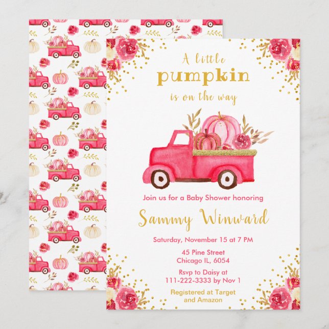 Pink Truck Fall Pumpkin Baby Dusche Einladung (Vorne/Hinten)