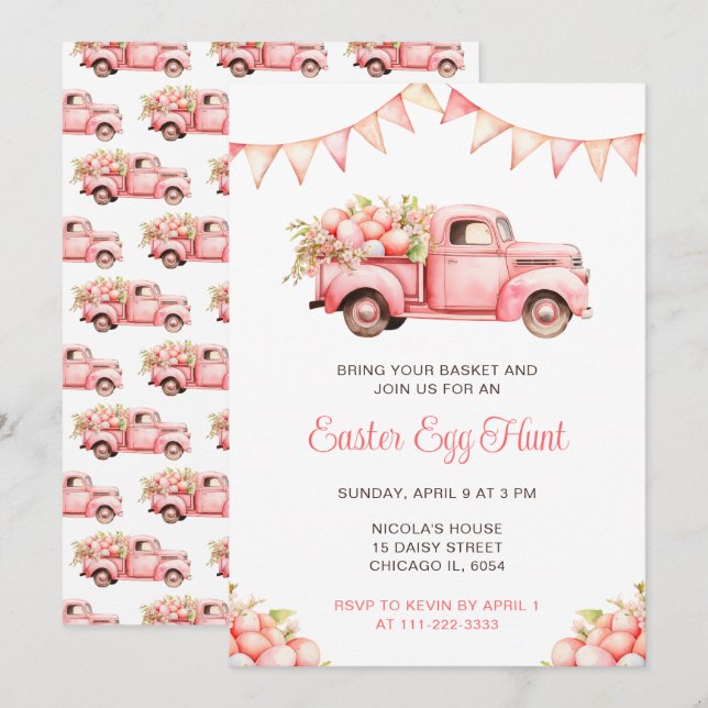 Pink Truck Ostereier Jagd Einladung (Vorne/Hinten)
