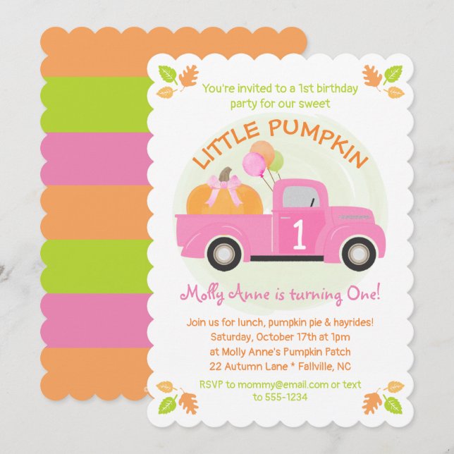 Pink Truck Pumpkin 1. Geburtstags-Girl-Party Einladung (Vorne/Hinten)