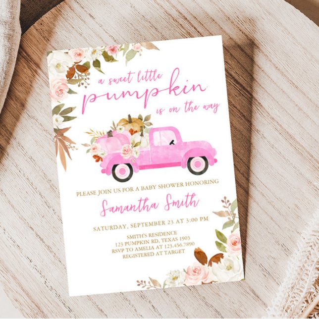 Pink Truck Pumpkin Baby Dusche Einladung (Fall Pumpkin Pink Truck Baby Shower Invitation)