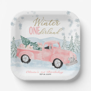 Pink Truck Winter Onederland Mädchen erster Geburt Pappteller