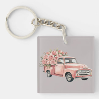 Pink Truck with Roses Schlüsselanhänger