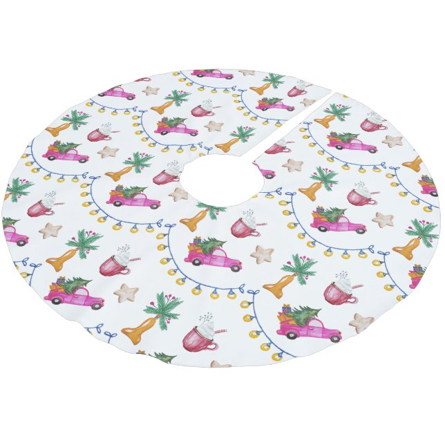 Pink Trunk Hot Cocoa Illustration Polyester Weihnachtsbaumdecke (Schrägansicht)