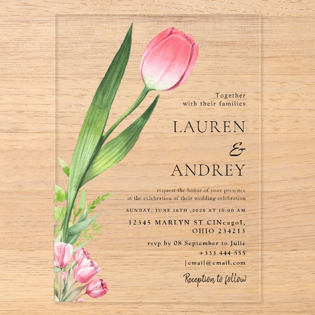 Pink Tulip Acrylic Wedding Invitation Acryleinladungen (Vorderseite)
