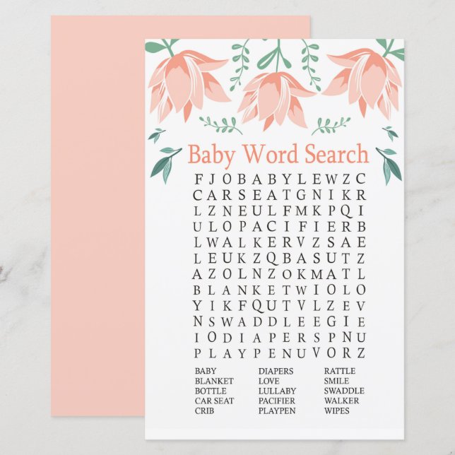 Pink Tulip Baby Dusche Word Search Game (Vorne/Hinten)