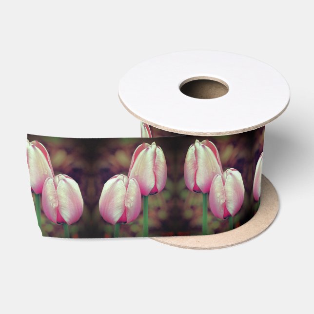 Pink-Tulip-Blume mit Regentropfen Satinband (Spule)