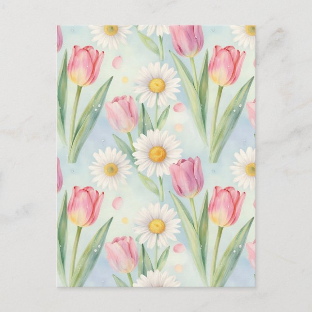 Pink Tulip Daisy Watercolor Spring Pattern Postkarte (Vorderseite)
