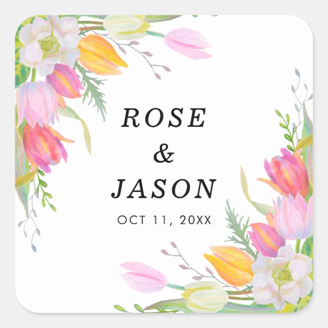 Pink Tulip Floral Wedding Sticker (Vorderseite)