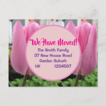 Pink Tulip neue Adresse Postcard, wir bewegen uns