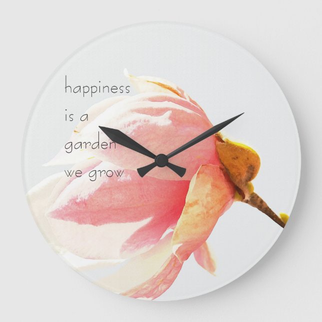 Pink Tulip Tree Flower Happiness Quote Große Wanduhr (Vorderseite)