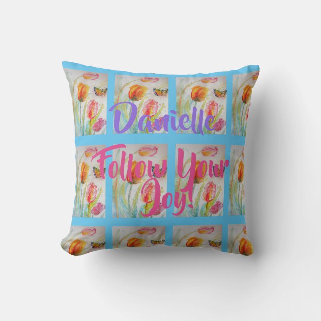 Pink Tulip Tulips Floral Wasser Farbe Blau Kissen (Vorderseite)