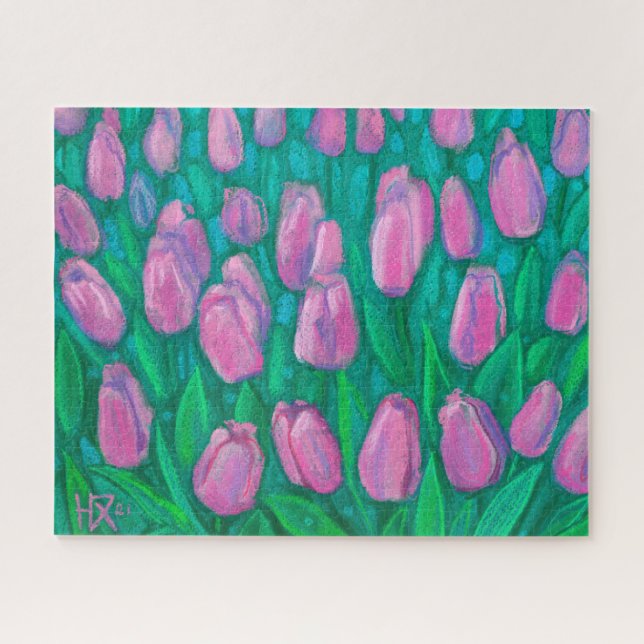 Pink Tulips Field, Frühlingsblumen Blumengemälde (Horizontal)