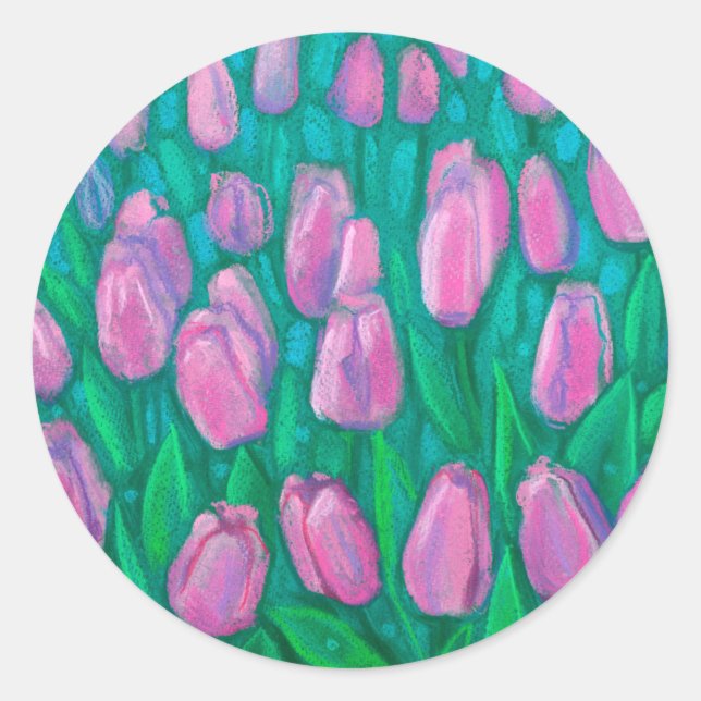 Pink Tulips Field, Frühlingsblumen Blumengemälde Runder Aufkleber (Vorderseite)