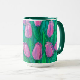 Pink Tulips Field, Frühlingsblumen Blumengemälde Tasse