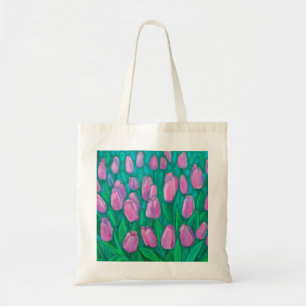 Pink Tulips Field, Frühlingsblumen Blumengemälde Tragetasche