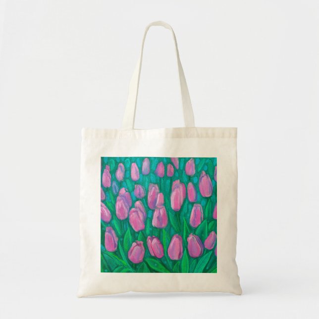 Pink Tulips Field, Frühlingsblumen Blumengemälde Tragetasche (Vorne)