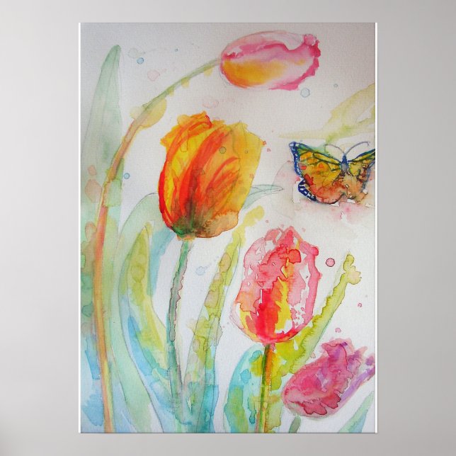 Pink Tulips Floral Blume Wasserfarben Poster (Vorne)
