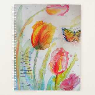 Pink Tulips Floral Watercolor Frauen Name nein Planer