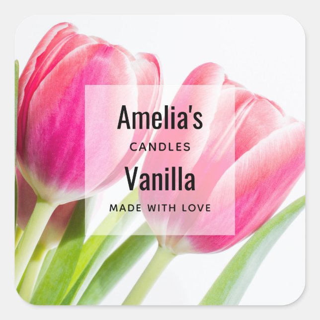 Pink Tulips mit grünen Blätter - Candle Business Quadratischer Aufkleber (Vorderseite)
