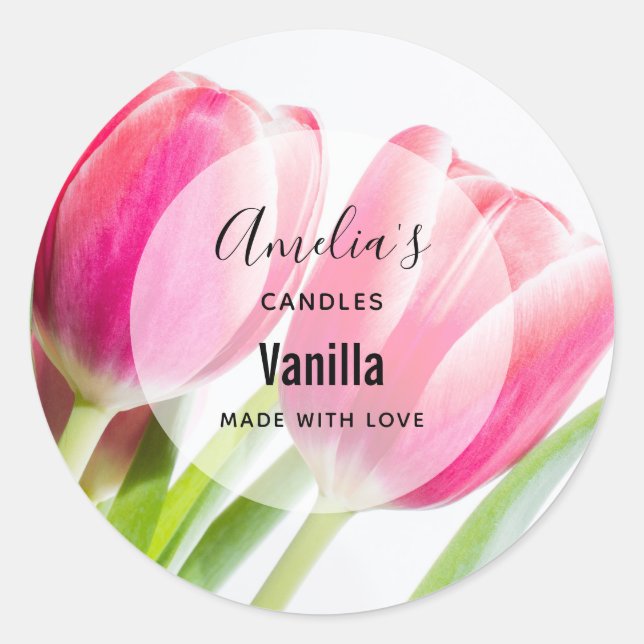 Pink Tulips mit grünen Blätter - Candle Business Runder Aufkleber (Vorderseite)