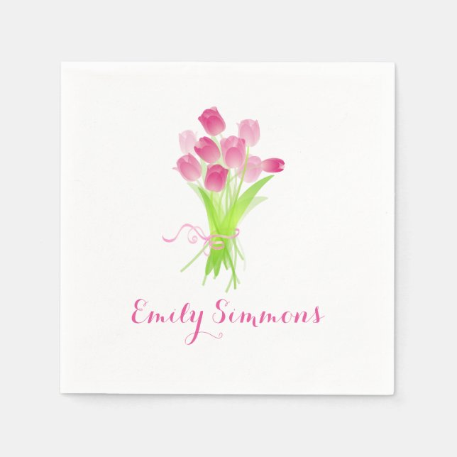 Pink Tulips & Name - Cocktail Napkin Serviette (Vorderseite)