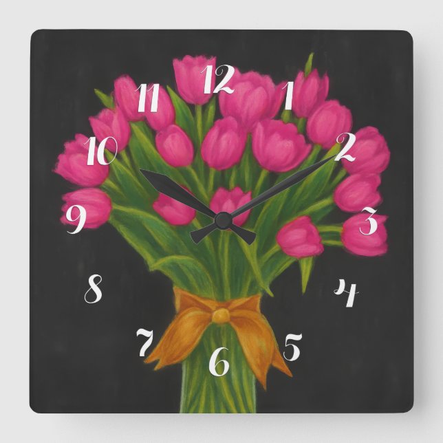 Pink-Tulips Quadratische Wanduhr (Vorderseite)