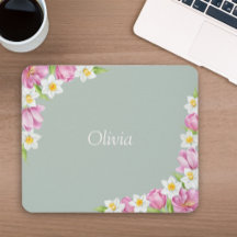 Pink Tulips & White Daffodils Floral Mouse Pad