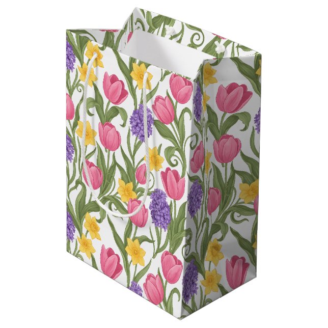 Pink Tulips, Yellow Daffodils, Purple Hyacinths Mittlere Geschenktüte (Rückseite Schrägansicht)