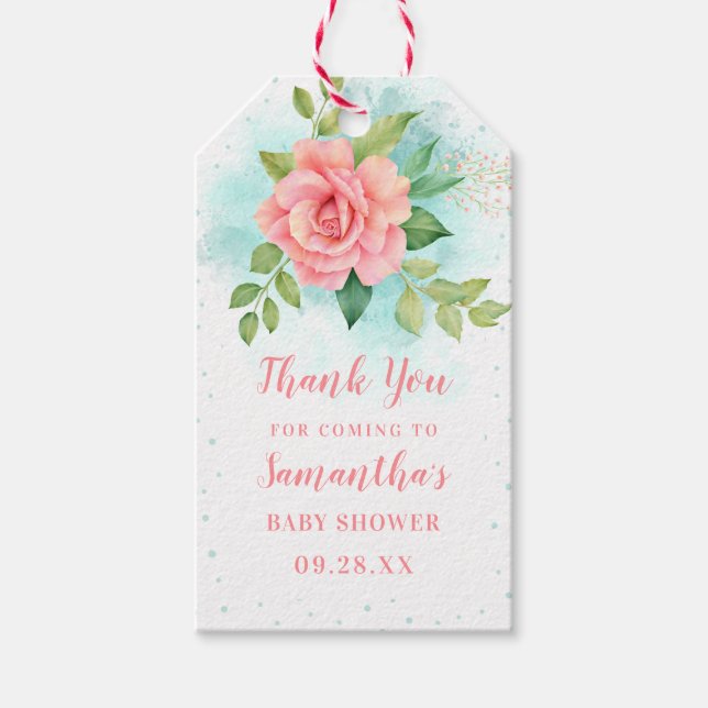 Pink Türkis Floral Aquarell Rose Babydusche Geschenkanhänger (Vorderseite)