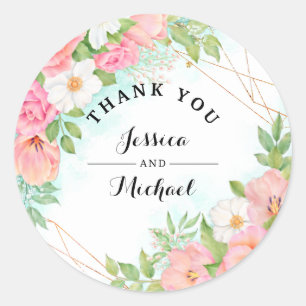 Pink Türkis Floral Bouquet Wedding Vielen Dank Runder Aufkleber