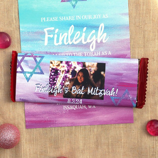 Pink Türkise Bat Mitzvah Candy Bar Wrapper Flyer (Hot pink, violet, turquoise, cyan bat mitzvah personalized chocolate bar wrapper DIY cheap low cost)