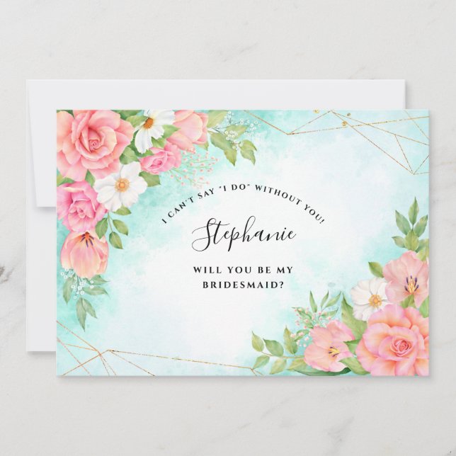 Pink Turquoise Ombre Floral Bouquet Bridesmaid Einladung (Vorderseite)
