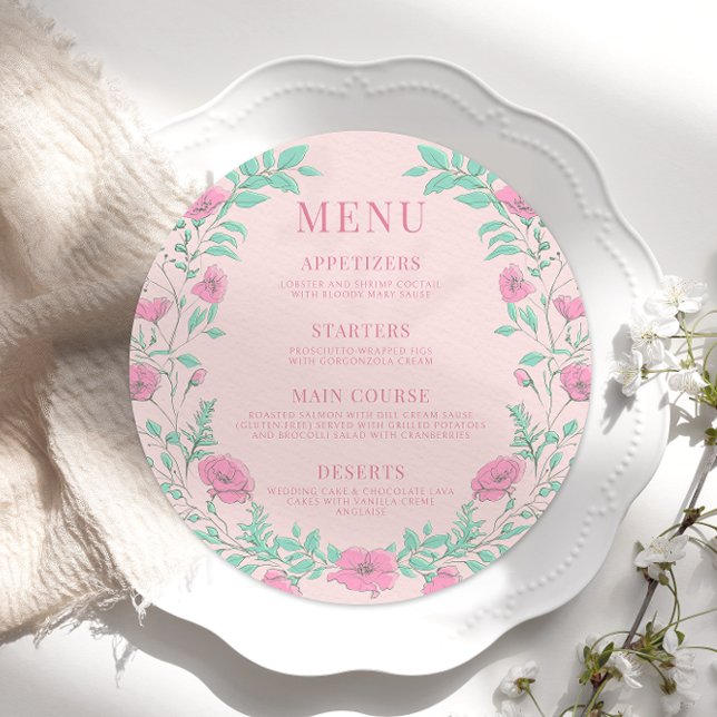 Pink turquoise vert floral rétro rond Menu Carte P (Créateur téléchargé)