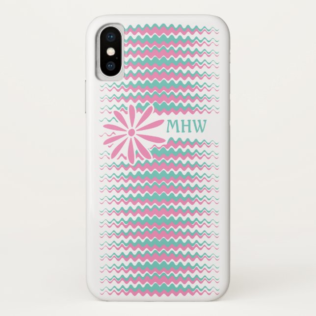 Pink & Turquoise Wavy Stripes coques monogrammes p (Dos)