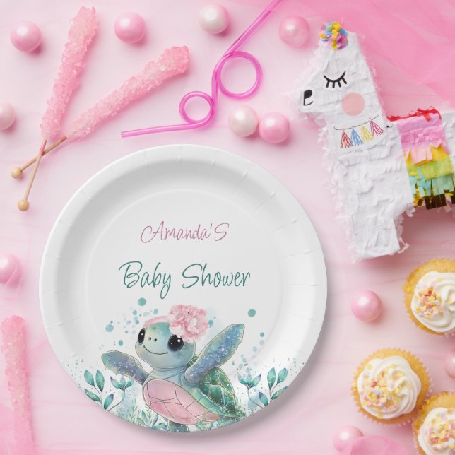 Pink Turtle Girl Babydusche Pappteller (Party)