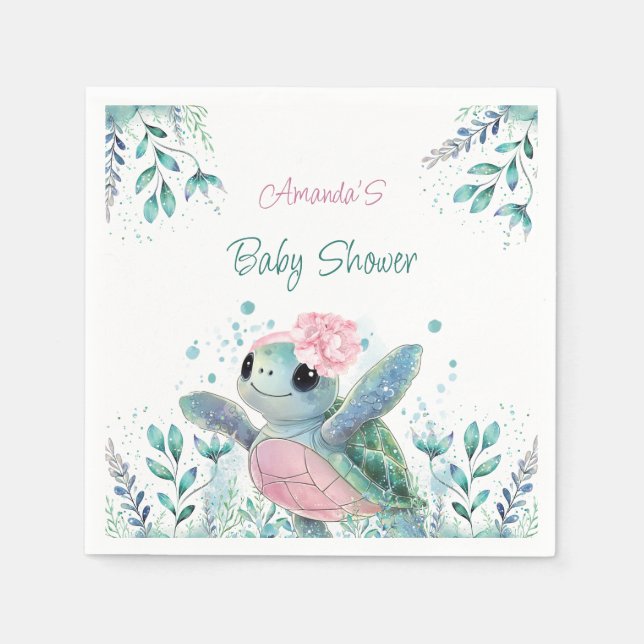 Pink Turtle Niedlich Girl Babydusche Serviette (Vorderseite)
