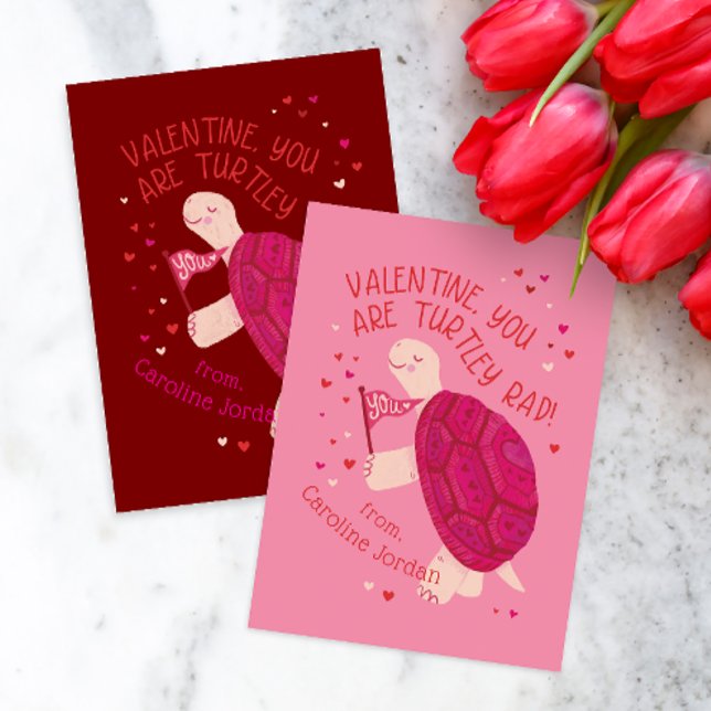 Pink Turtle y Krass School Klassenzimmer Kind Vale Mitteilungskarte (Rad Turtle themed classroom valentine cards in pink or red)