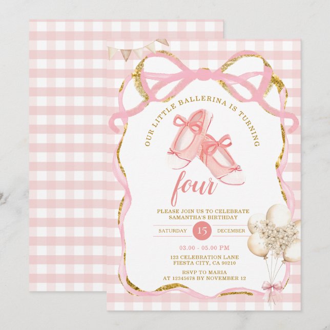 Pink Tutu Ballerina Gingham Birthday Einladung (Vorne/Hinten)