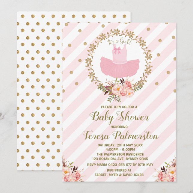 Pink Tutu Kinderdusche Einladung Ballerina Ballett (Vorne/Hinten)