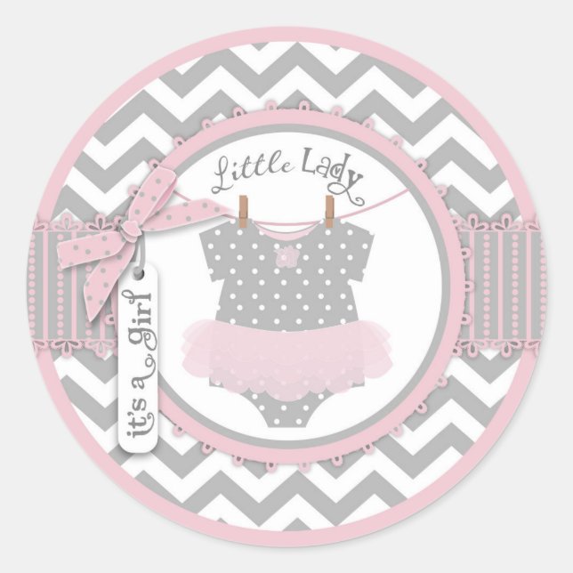 Pink Tutu & Zickzack Print Baby Dusche Runder Aufkleber (Vorderseite)