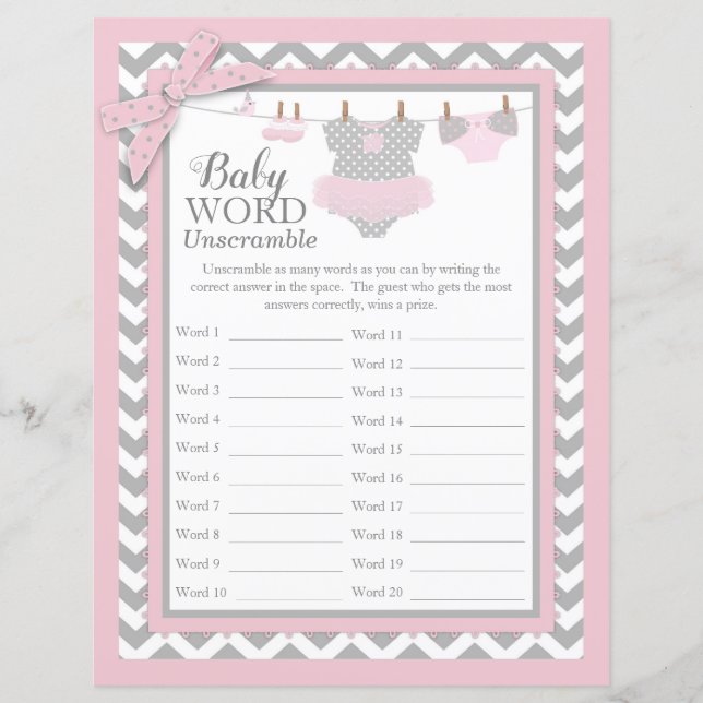 Pink Tutu Zickzack Print Baby Dusche Word Scramble (Vorderseite)