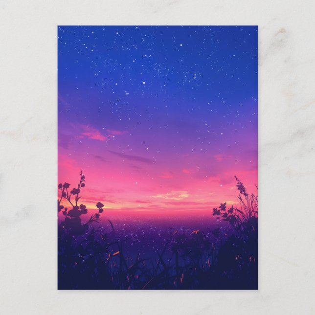 Pink Twilight Starry Night Meadow Postkarte (Vorderseite)