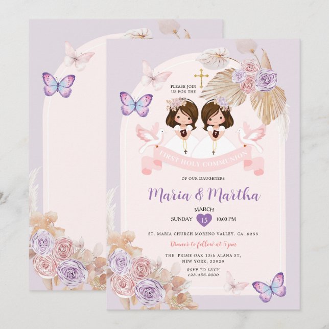 Pink TWIN Girl First Holy Communion Lila Einladung (Vorne/Hinten)