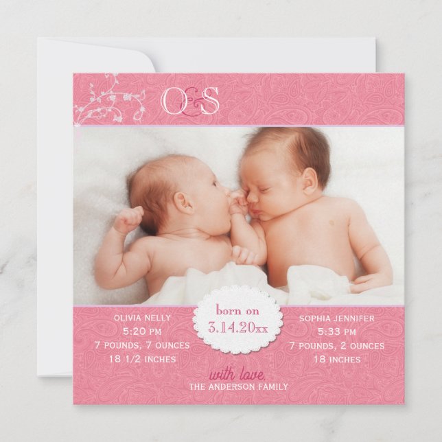 Pink Twin Girls Foto Geburtserklärung Ankündigung (Vorderseite)