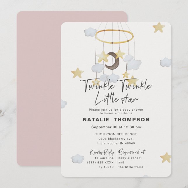 Pink Twinkle Little Star Baby Dusche Einladung (Vorne/Hinten)