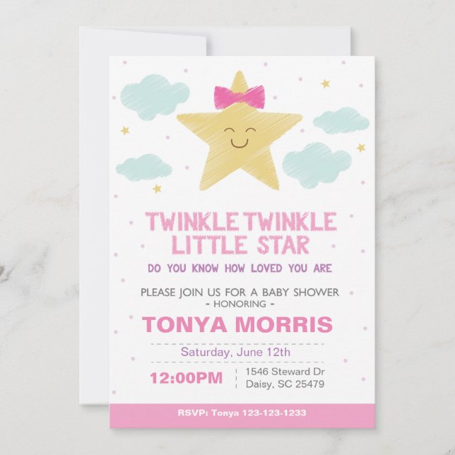 Pink Twinkle Little Star Baby shower Invitation (Devant)