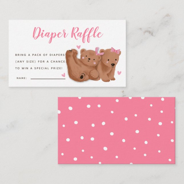 Pink Twins Bear Baby Dusche Windeln Raffel Ticket Begleitkarte (Vorne/Hinten)