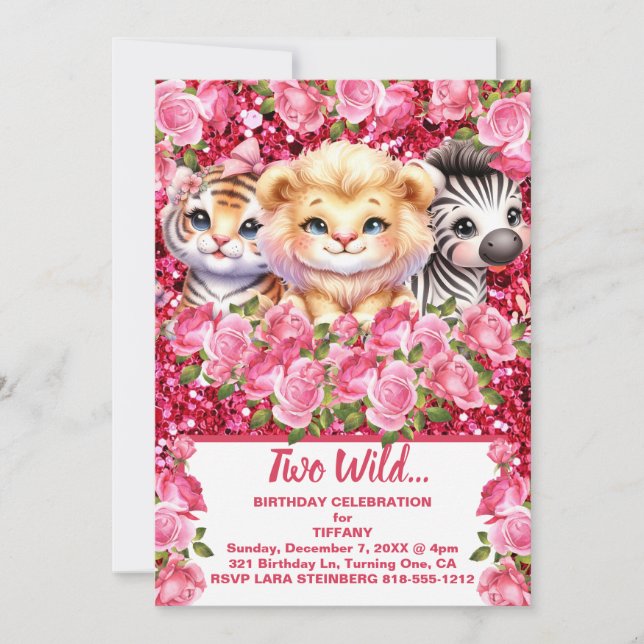 Pink Two Wild 2 Years Old Girl's Birthday Party Einladung (Vorderseite)
